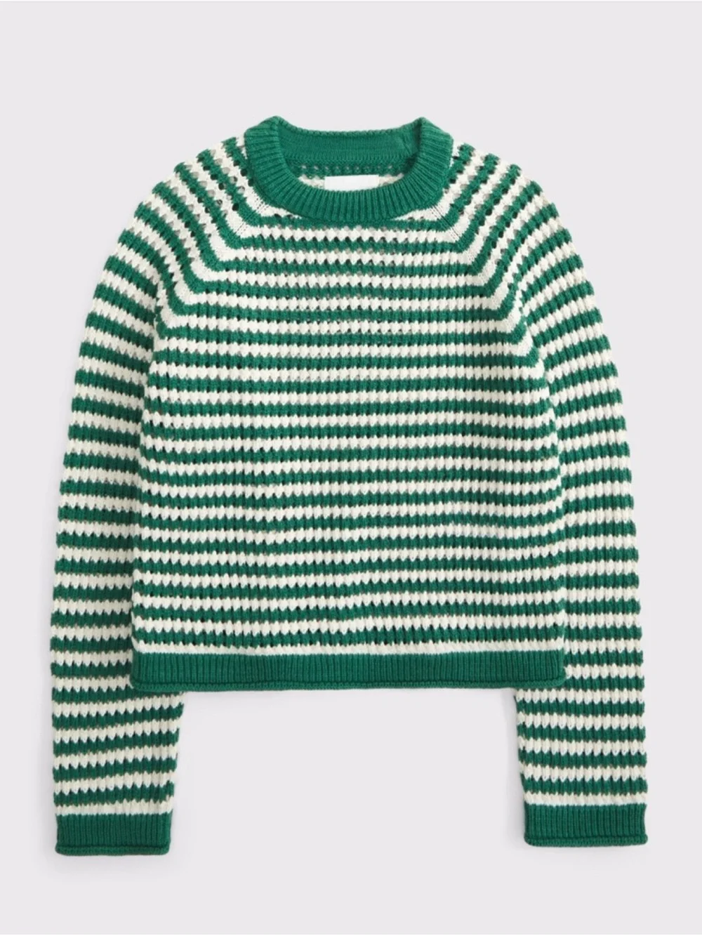 NWT Abercrombie Crochet Style Green and Cream Striped Crewneck Sweater Lrg